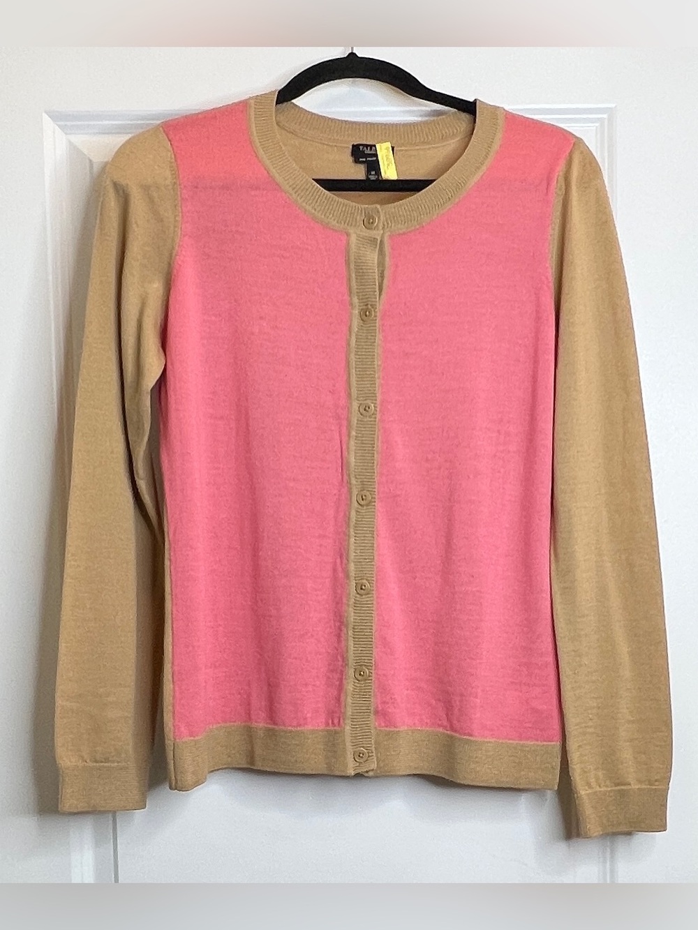 Talbots Pink Tan Colorblock 100% Italian Merino Wool Cardigan Sweater Medium